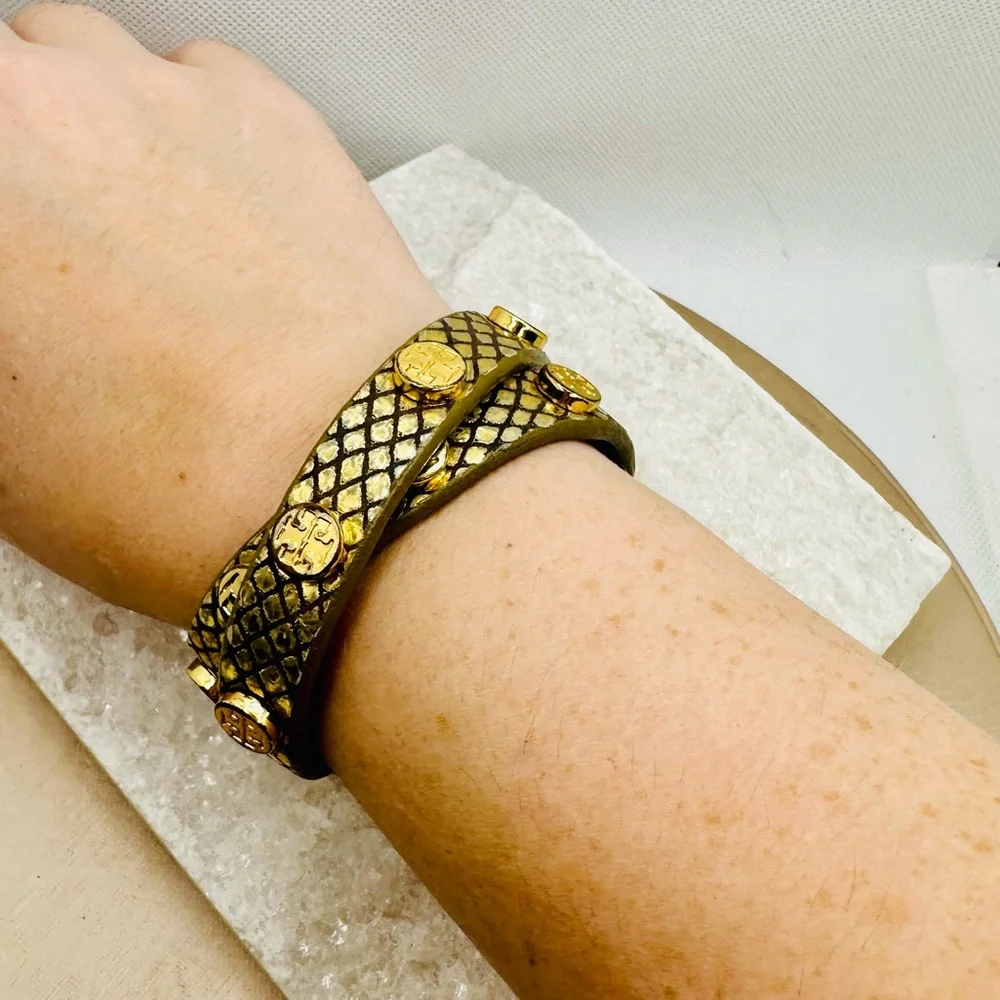 EUC Tory Burch Miller Stud Double Wrap Metallic Gold Exotic Snakeskin Bracelet